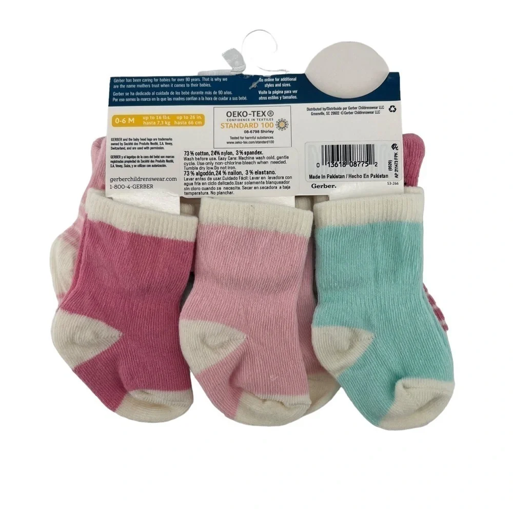 NWT Gerber Baby Pink Blue Wiggle Proof Stay On Socks Size 0-6 Months
